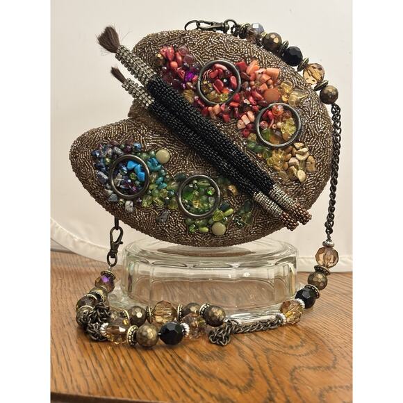 MARY FRANCES “PAINTER’S PALETTE” GOLD/RAINBOW BEADED HANDBAG/PURSE w/DUSTBAG - Picture 2 of 10
